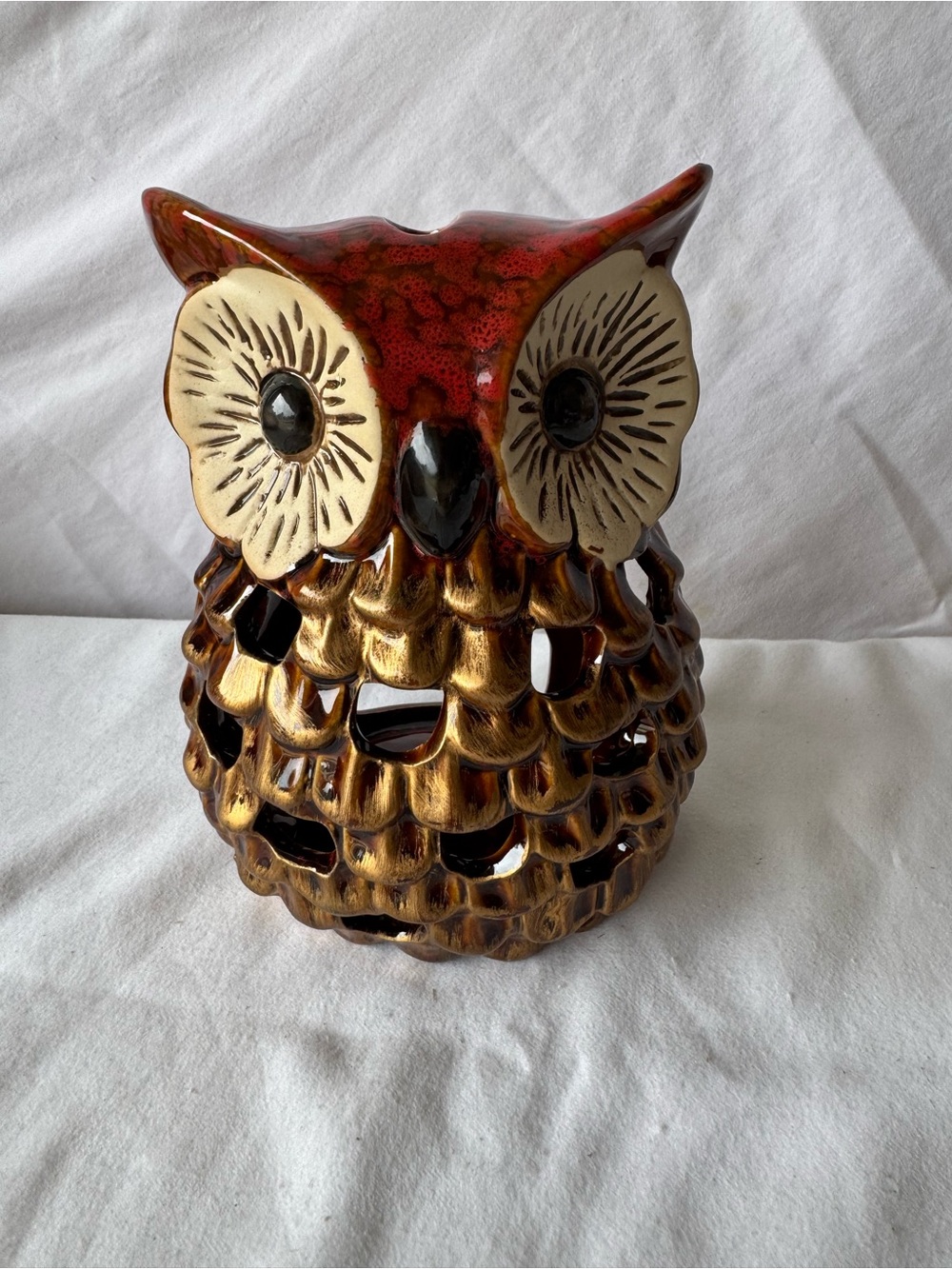 Owl Luminary Candle Holder Lantern Light Great Horned Barn Ceramics Glazed